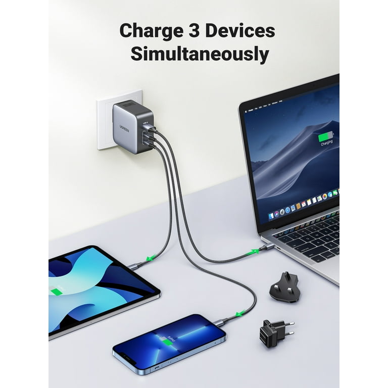 UGREEN 65W Nexode Gan USB C 3-Port Charger with US/UK/EU Plug for Travel