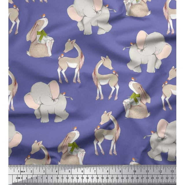 Soimoi Cotton Poplin Fabric Deer,Elephant & Rabbit Kids Fabric Prints By Yard 42 Inch Wide