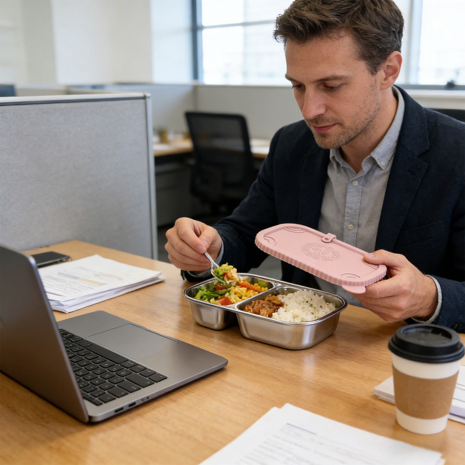 Xheghe Stainless Steel Bento Box with Silicone Lid - Leak-Proof, Two-Compartment Design for Travel, Office, or Picnic Lunches