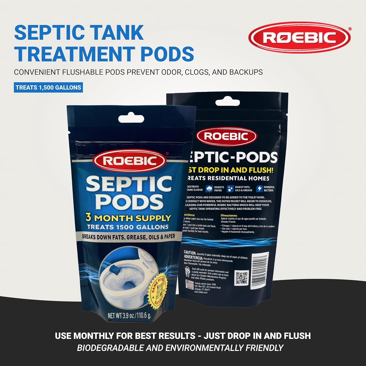 Roebic Septic Tank Treatment Pods, 3 Month Supply of Easy Flush Dissolvable Packets, Bacterial Enzyme Formula for Clog Prevention, Odor Control, Treats 1500 Gallons, 3 Pods