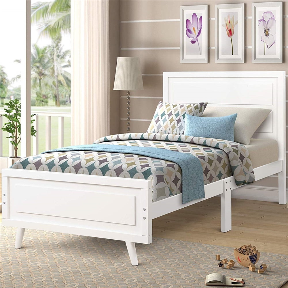 Twin Bed, White Wood Platform Bed Frame with Headboard and Footboard