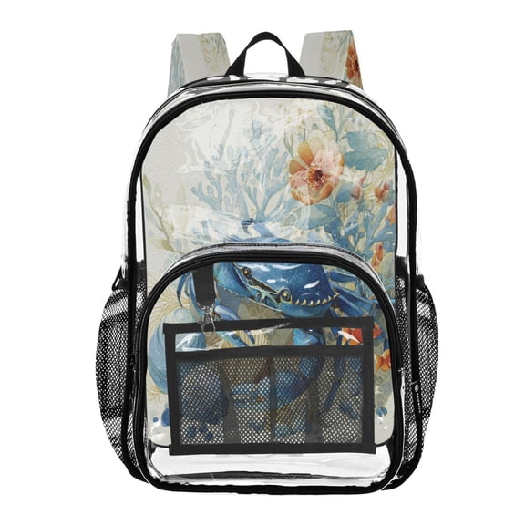 PVC Transparent Backpacks Clear Backpack for Travel and Outings Blue Crab and Shells