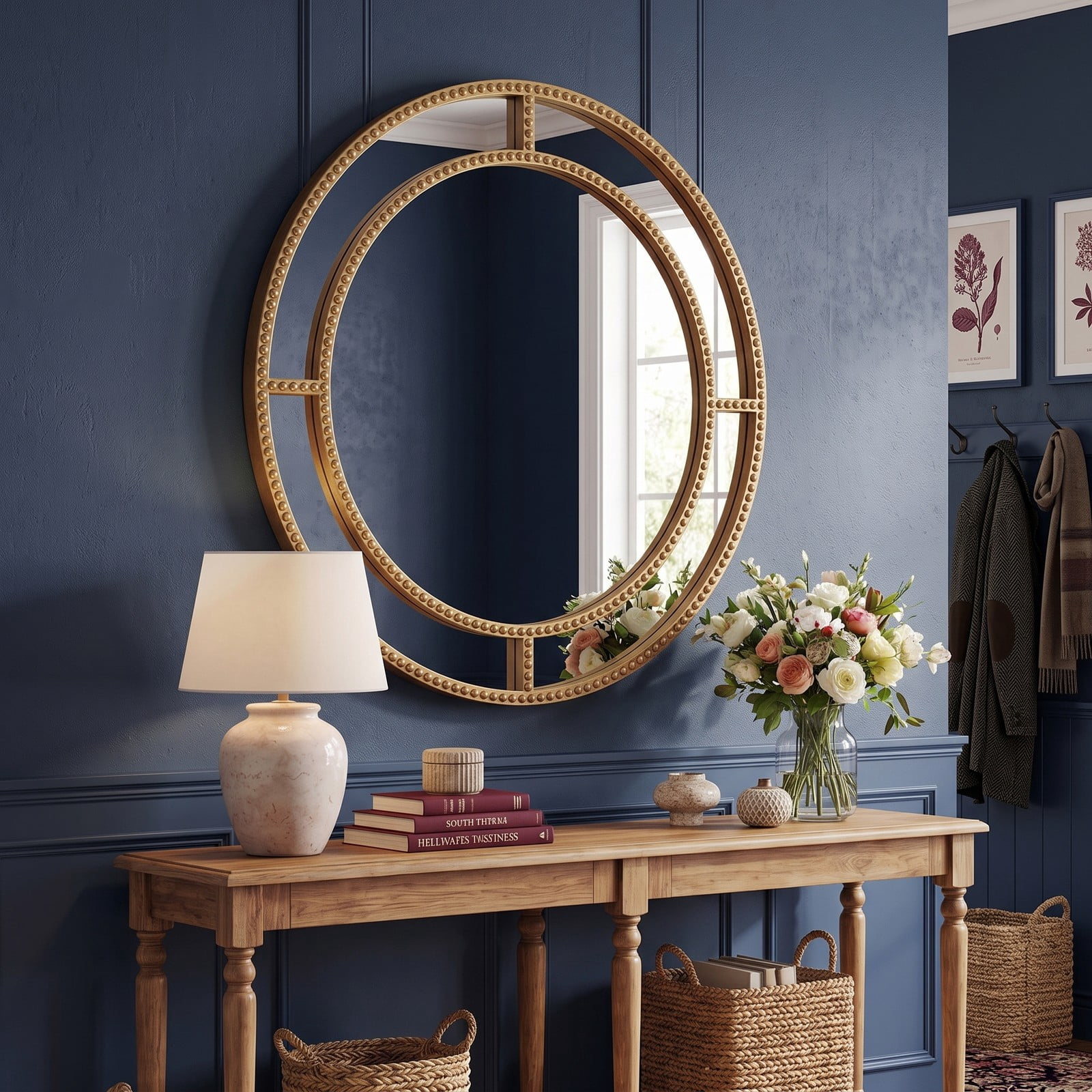 ALPULON 28 Inch Round Wall Mirror with Gold Beaded Metal Frame, HD Distortion-Free Decorative Hanging Mirror for Living Room Bedroom Entryway Bathroom, Gold