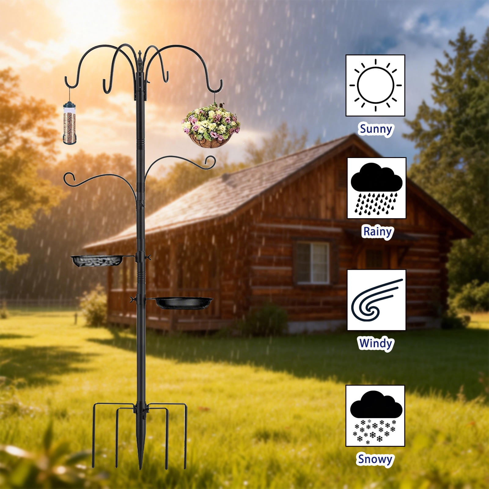 6-Hook Bird Feeding Station Kit Wild Bird Feeder Stand Pole, Multi-Feeder Hanging Kit Stand with Water Bowl, Mesh Tray, 88 Inch