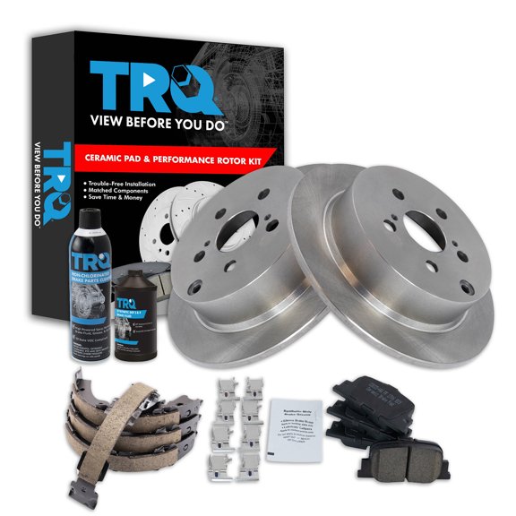 TRQ Rear Brake Pad & Rotor Kit; with Chemical Kit Parking Brake Shoe Set Ceramic Fits 2005-2010 Scion tC