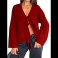 thumbnail image 3 of Suéter Tipo Cárdigan Corto con Lazo Frontal para Mujer, Cuello en V, Frente Abierto, Top de Punto Acanalado con Cable de Crochet Rojo L, 3 of 8