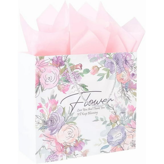 11.8 x 10.6 Inch Pink Floral Gift Bags Spring Paper Bags with Handles Tissue Colorful Printed Flower Rectangle Wrapping Shopping Storage Paper set