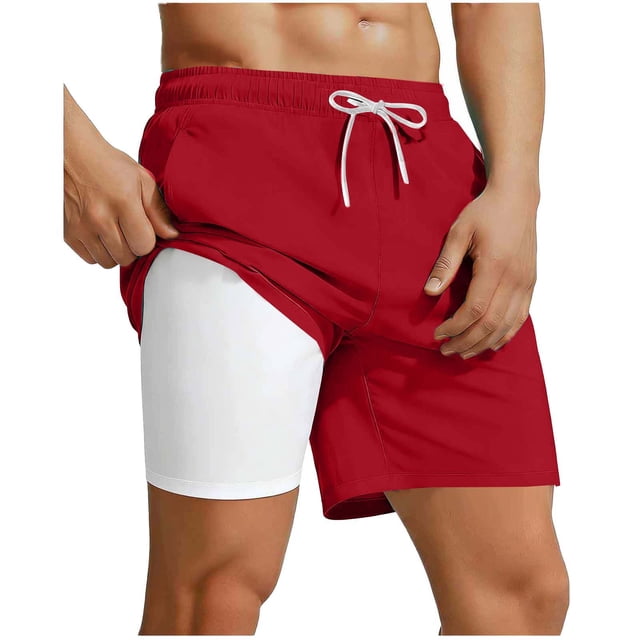 lcziwo Mens Board Shorts with Compression Liner Breathable Stretch Swim Trunks Multi Pockets Summer Beach Drawstring Shorts,Red,M