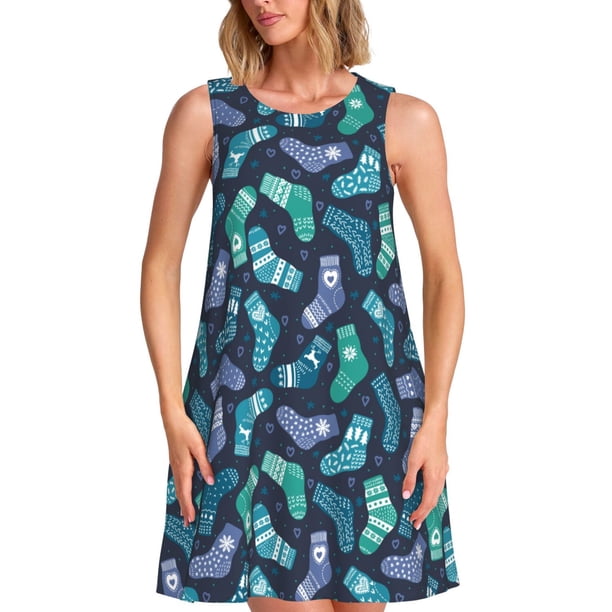 Fotbe Green Christmas Print Socks Vestido de Verano sin Mangas para Mujer – Vestido Midi Línea A, Estilo Camiseta Floral, Vestido Playero Casual y Fluido