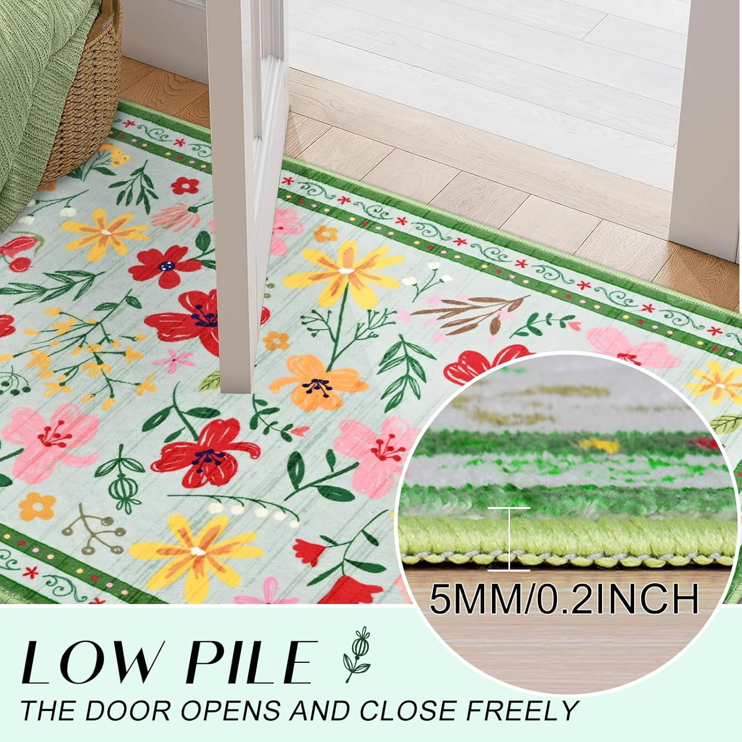 BLEUM CADE 5x7 Area Rug, Floral Rugs for Living Room, Lightweight Non Slip Washable Rug, Indoor Low Pile & Non-Shedding Vintage Rugs Carpet for Bedroom, Living Room, Dining Room, Green