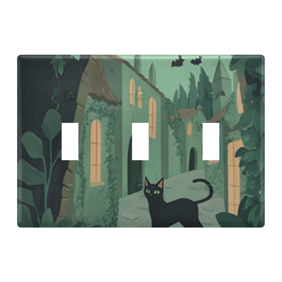 Light Switch Cover Black Cat and Green Town Plates Faceplate Decorative Switch Plate for Bedroom Home Decor