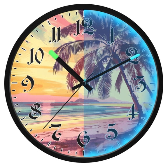Ryvnso Retro Sunset Palm Tree on Beach 12 Inch Night Light Wall Clock Luminous Silent Battery Operate Clocks