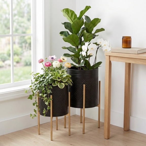 Decorative Flower Pots with Metal Stand for Home Decor - Modern Planters for Hallway, Entryway, and Living Room Decor - Indoor and Outdoor Pots for Plants Styling - Set of 2, 23", 19", Black & Gold