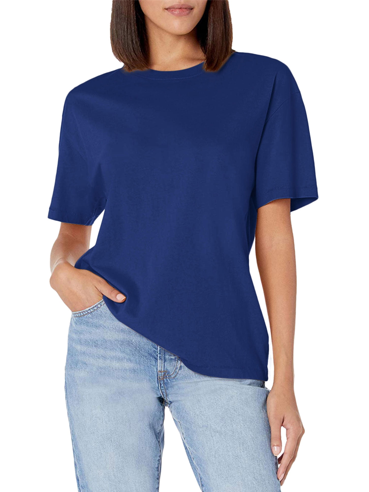 Amoretu Women's Tee Shirts Summer Short Sleeve Crew Neck Tunic Tops Blue 2XL