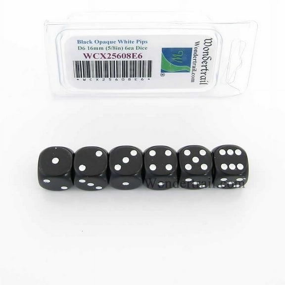 Black Opaque Dice with White Pips D6 16mm (5/8in) Pack of 6 Wondertrail