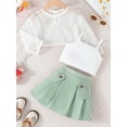 thumbnail image 2 of Bagilaanoe 3Pcs Toddler Baby Girls Summer Clothes Long Sleeve Hollow Tops + Sleeveless Camisole + Pleated Skirt 12M 18M 24M 3T 4T 5T 6T Kids Casual Skirt Set, 2 of 7