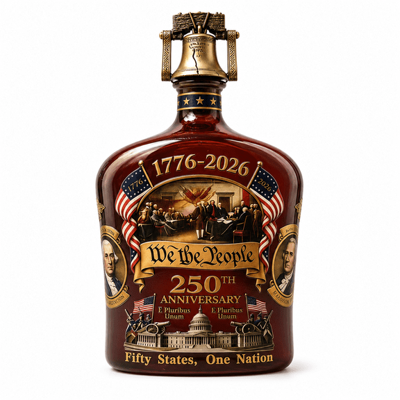 250th Anniversary American Heritage Whiskey Decanter, 1776-2026 We the People Commemorative Glass Bottle with Liberty Bell Topper, Patriotic Bourbon Scotch Decanter Gift