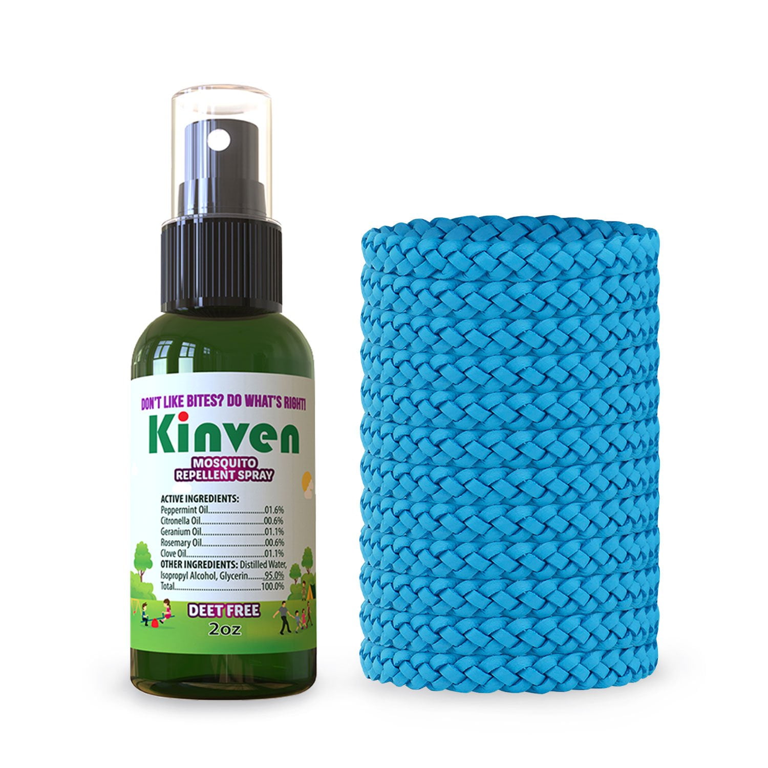 Kinven Mosquito Repellent Bundle - (2oz Spray + 12 Bracelet Light Blue)
