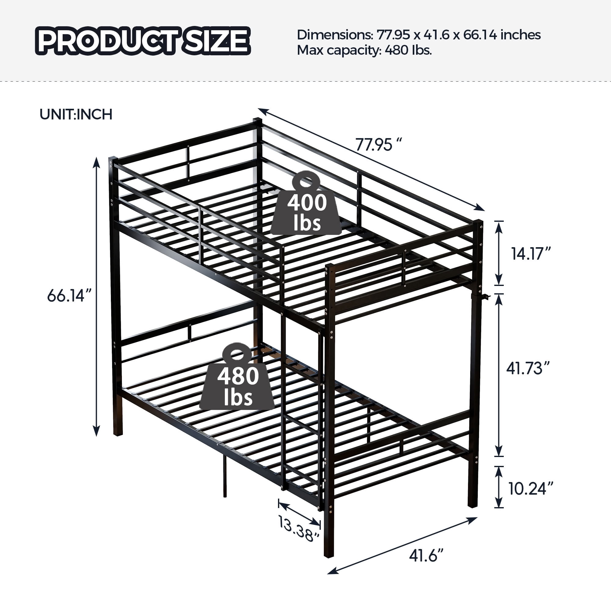 MAYEERTY Twin Over Twin Metal Bunk Bed, Heavy Duty Steel Bed Frame with High Guardrails, Supports 400 lbs for Kids Teens Adults, No Box Spring Needed