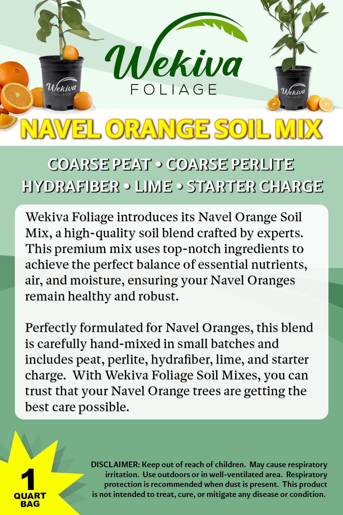Navel Orange Tree Growing Soil Mix  1 Quart - Custom Soil Blend  Potting Mix for Navel Orange Trees  Specially Developed by and for Professional Nursery Growers - Nutrient-Rich Formula