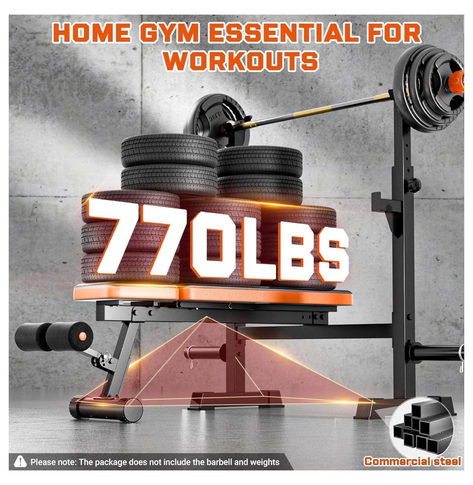 770lbs Weight Set with Squat Rack, 5 in 1 Workout Press With Removable Foot Catch, Adjustable Flat Incline Sit Up for Home Gym Full Body Strength Training