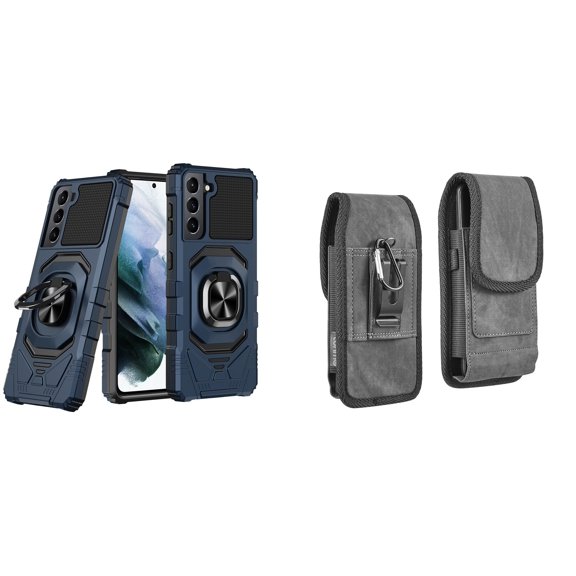 Case with Belt Holster Bundle for Samsung Galaxy S22 Ultra: Heavy Duty Shield Cover (Blue) and Vertical Rugged Denim Nylon Phone Pouch
