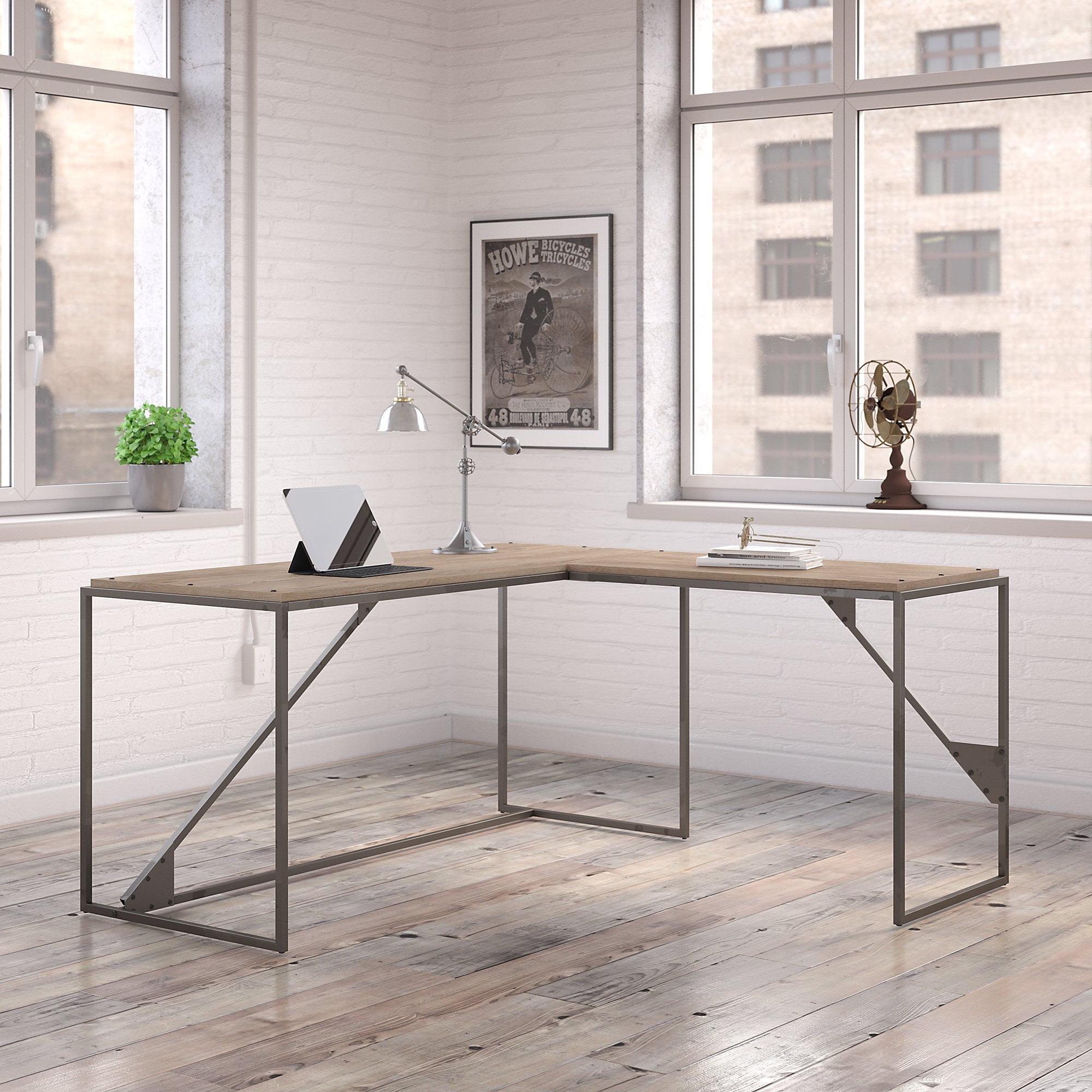 bush furniture refinery 62w industrial desk in rustic gray