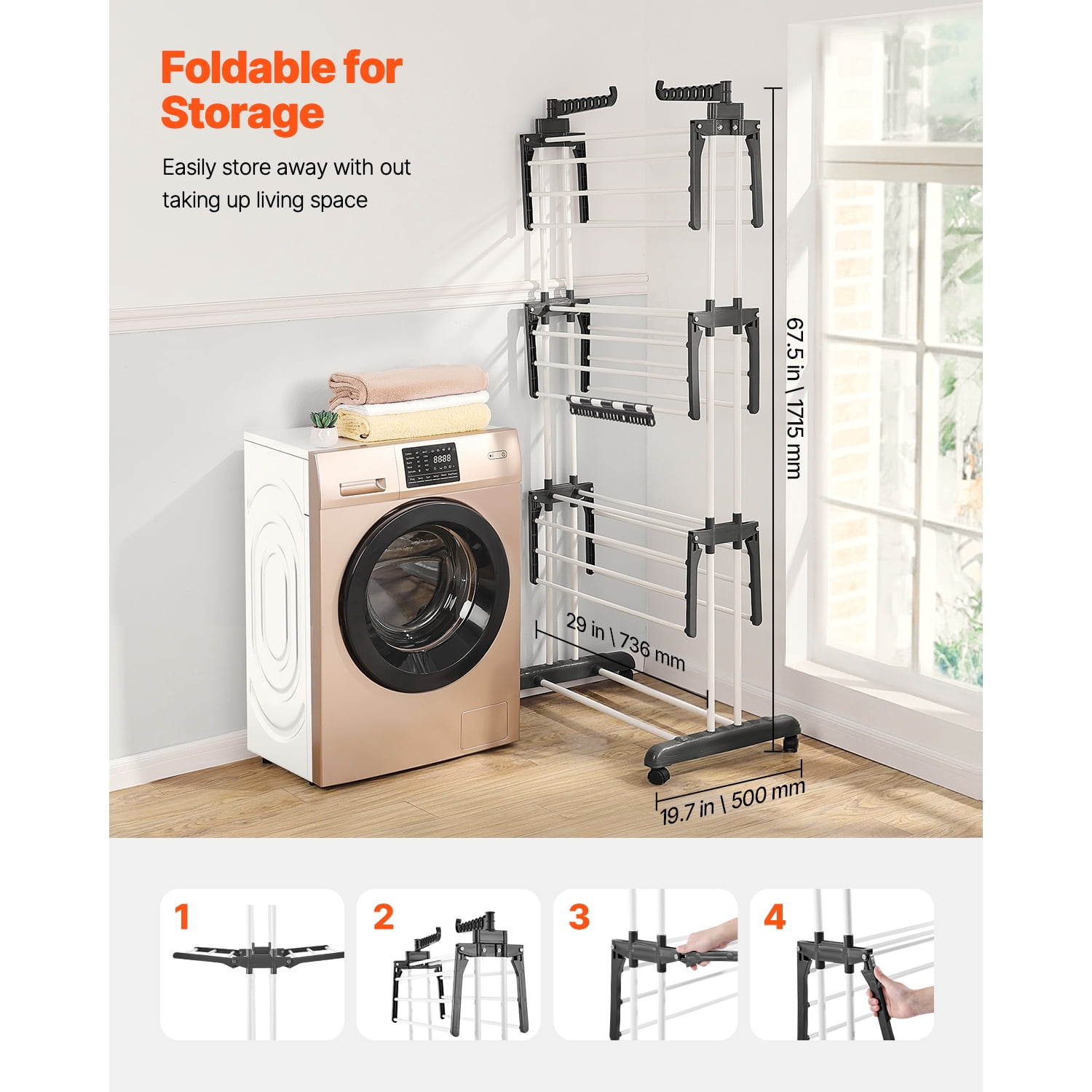 KFFKFF 4-Tier Clothes Drying Rack, Sturdy Laundry Drying Rack with Wheels and 24 Rods, Wings Foldable, Clothes Hanger for Indoor and Outdoor