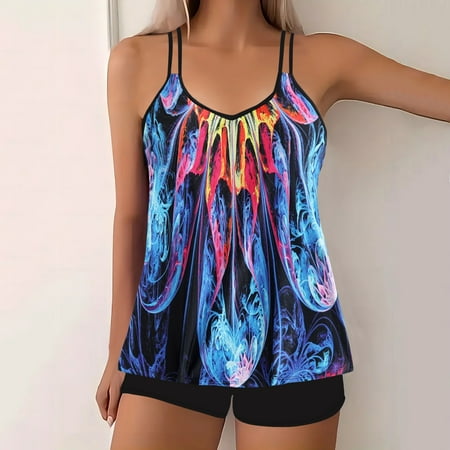 Weiqiqre Swimsuits for Women 2025 2025 Tankini Swimsuits Tummy Control Flowy Swimwear Two Piece Bathing Suits Swim Tank Top with Boyshorts