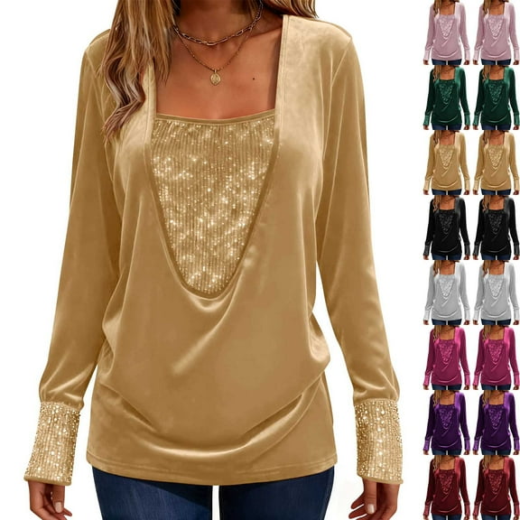 Aboser Womens Sequin Velvet Tops Sparkly Glitter Party Shirts Trendy Draped Evening Night Out Blouse Loose Velour Shirt Casual Long Sleeve Tunic Top