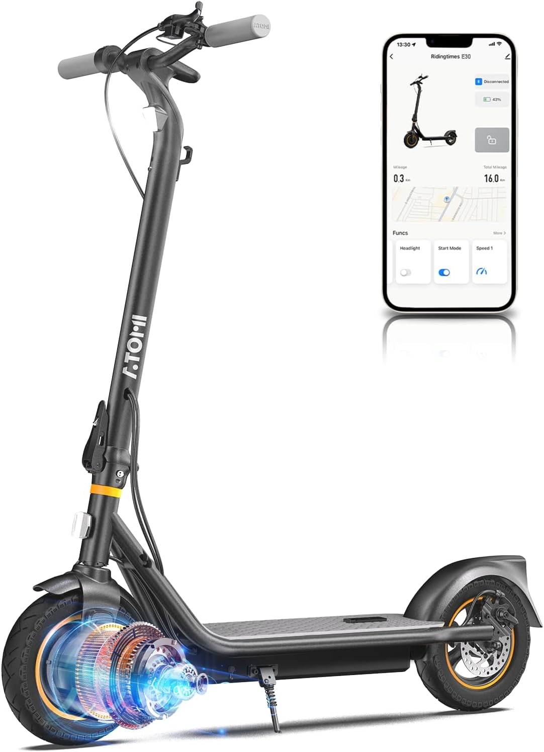 Atomi E30 Electric Scooter - 650W Motor, 19-mile Range, 15.6 mph Speed, 10-inch Tire, Foldable Commuter Scooter for Adults with Double Braking System and Smart App