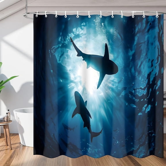 Ocean Sharks Shower Curtain Sets, Washable Polyester Fabric, Marine Bath Curtain for Bathroom Decor with Hooks 36"W x 72"H