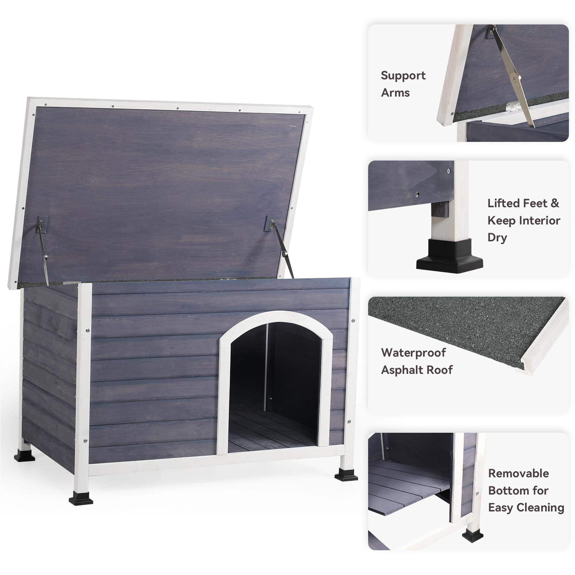 Pefilos 41" Width Outdoor Wooden Dog House for Medium Dogs with Raised Feet, Removable Floor Weatherproof Pet Cat House, Gray