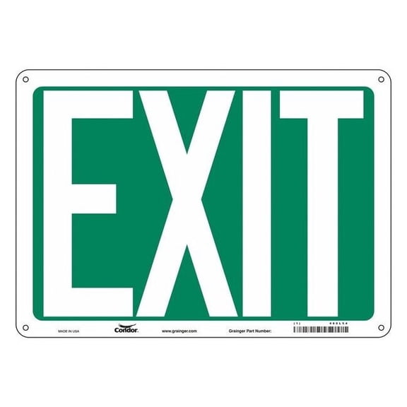 Condor Exit Sign, Plastic, 14" W, 10" H, EXIT, Green, White 480L54