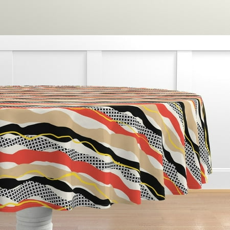

Cotton Sateen Tablecloth 70 Round - Waves Orange Black Cream Wavy Stripe Big Print 60S Mod Geology Coral Sand Print Custom Table Linens by Spoonflower