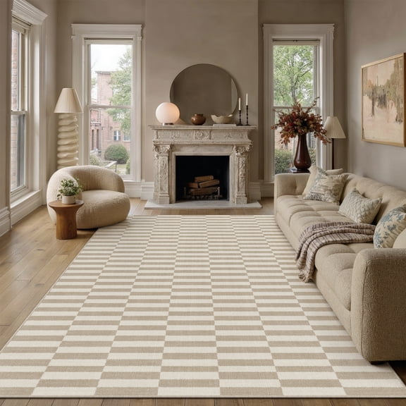 BERTHMEER 8'x10' Area Rugs for Living Room Large Light Brown Beige Checkered pattern Rugs for Bedroom Office Machine Washable Farmhouse Dining Room Rugs Non Slip Modern Contemporary Geometric Carpets