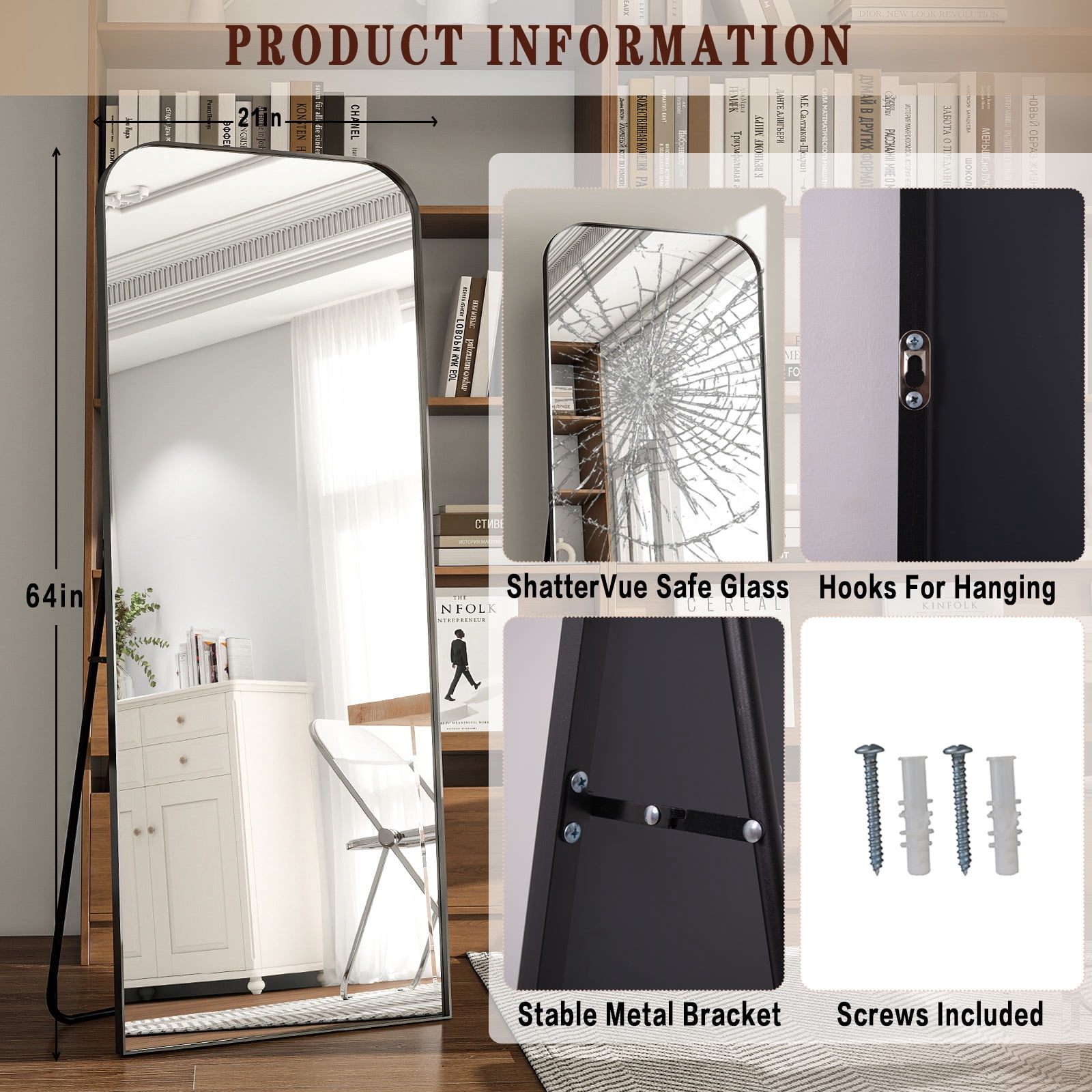 Mirstory 64"x21" Floor Mirror Arched Full Body Standing Mirror, Black