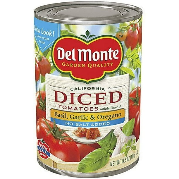 Del Monte, Diced, Tomatoes With Basil, Garlic & Oregano, No Salt Added, 14.5Oz Can (Pack Of 6