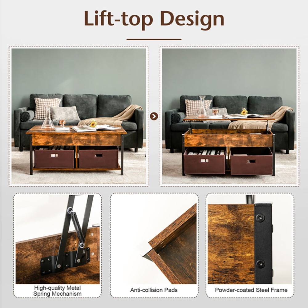 Finihen Rectangular Coffee Table, Lift Top Coffee Table, Central Table with Drawers and Hidden Compartment, for Living Room, Reception Room, Rustic Brown Finihen Rectangular Coffee Table, Lift Top Coffee Table, Central Table with Drawers and Hidden Compartment, for Living Room, Reception Room, Rustic Brown