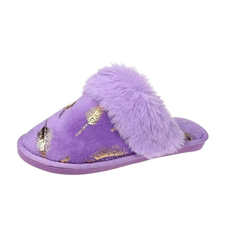 

Pgeraug slippers for women Women s Fashion Bronzing Feather Printing Baotou Hairy Flat Casual Slippers Women Shoes Purple 39