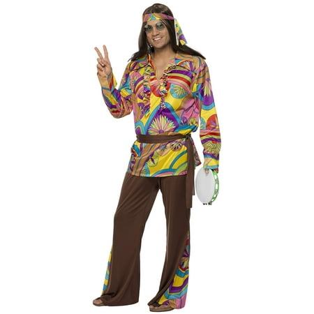 Smiffy's Men's Psychedelic Hippie Man Costume pants Shirt Headband and Belt 60 Groovy Baby Serious Fun Size XL 32032 (Extra Large, Multi)