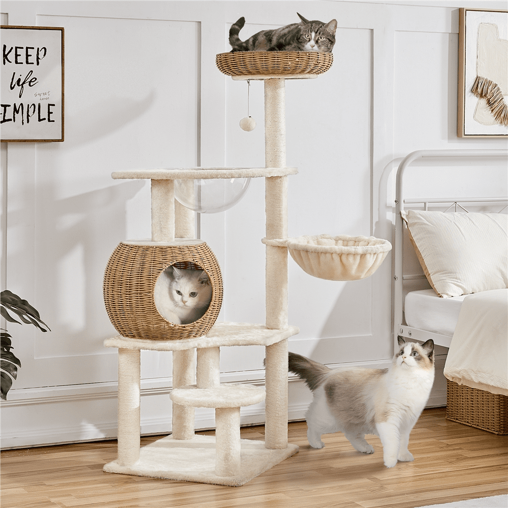 Yaheetech 54" Tall Rattan Cat Tree with Soft Cushion, Beige