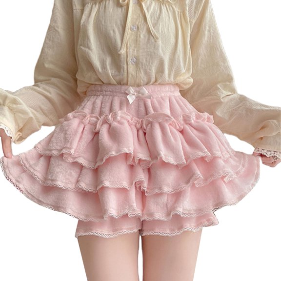 Yokua Tiered Ruffle Lace Pumpkin Shorts for Women Sweet Bowknot Warm Plush Bloomers
