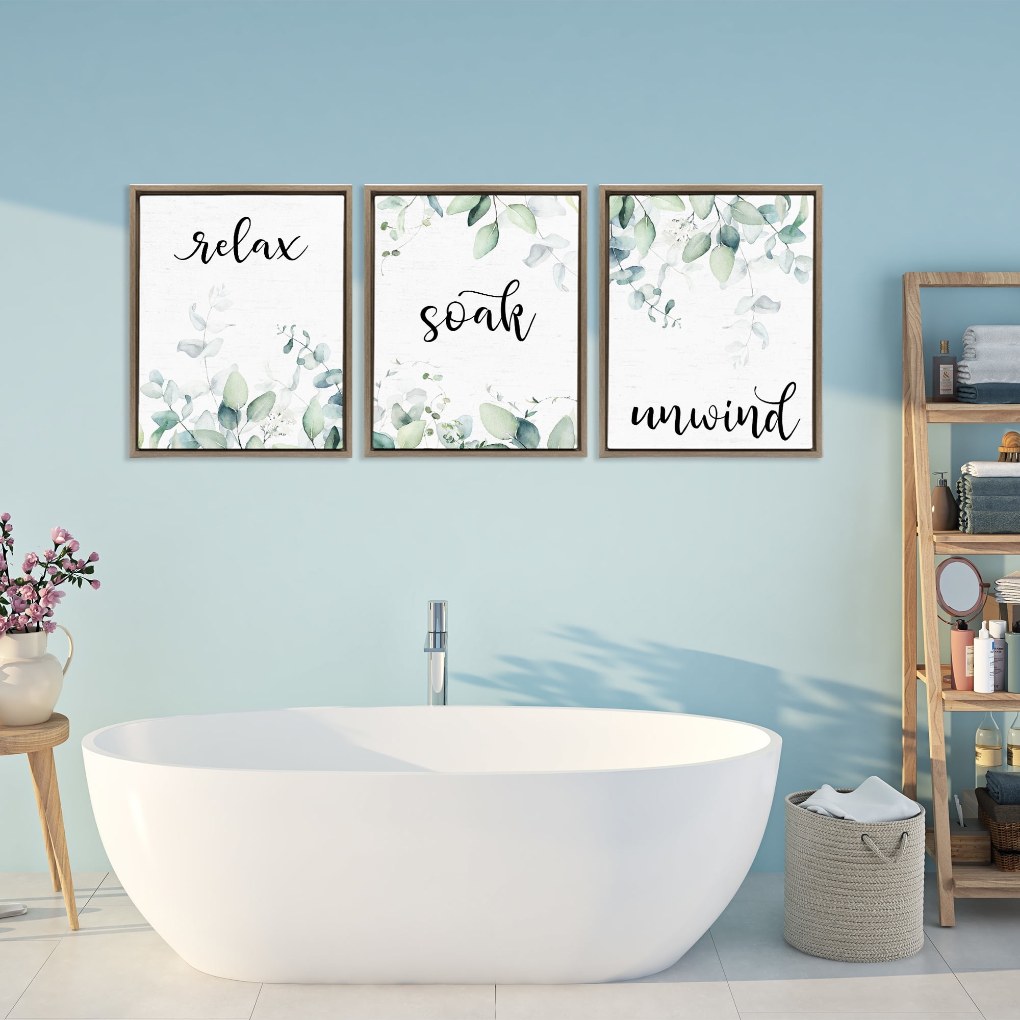 Leafy Bathroom Herbs 3 Piece Brown Framed Floater Canvas Set, design by Lettered and Lined