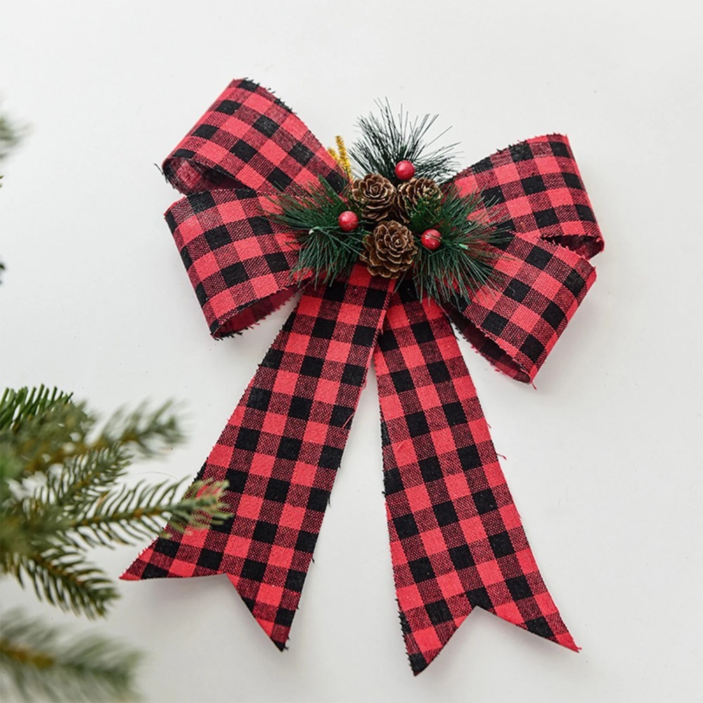 9*12 inch, Large Velvet Christmas Tree Bows, Christmas Bows with Pine Cones Pine Needles, Large Christmas Bows for Tree Wreath Stairs Railing Fireplace Indoor Decor