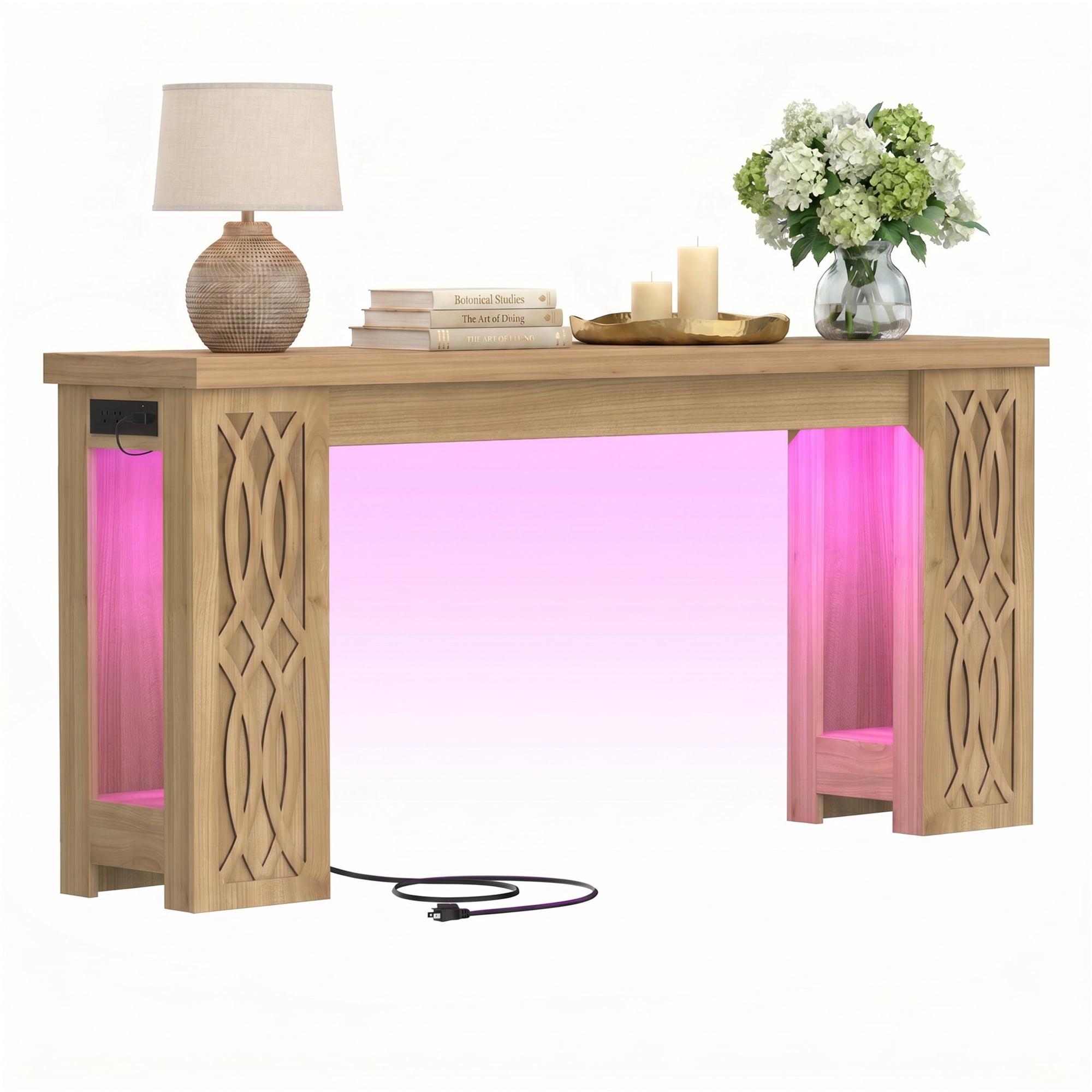 Homieasy 63'' Farmhouse Console Table with Charging Station and LED Lights for Hallway, Entryway, Living Room, Brown Oak