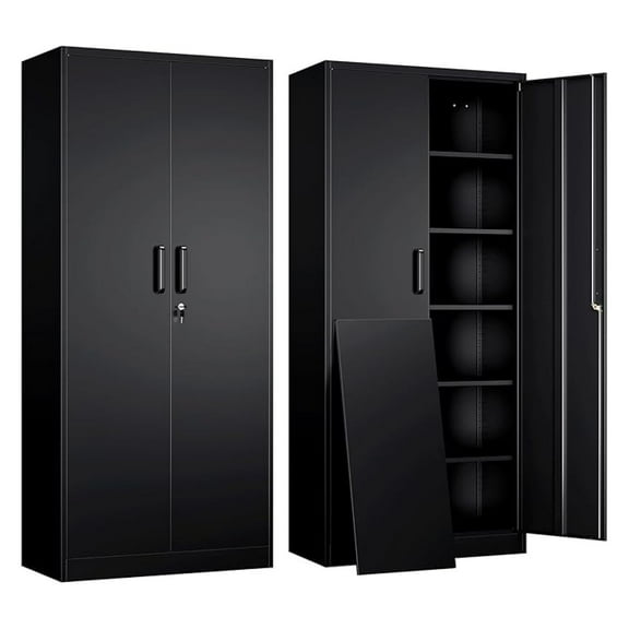 TYUIOP Metal Garage Storage Cabinet with 2 Doors and 5 Adjustable Shelves - 71" Steel Lockable File Cabinet,Locking Tool Cabinets for Office,Home,Garage,Gym,School (Black)