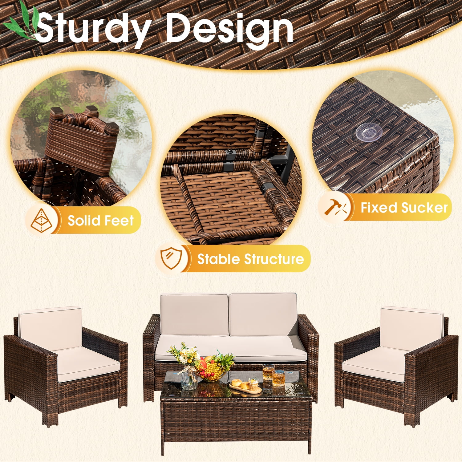 Devoko 4 Pieces Patio Conversation Set PE Rattan Wicker Furniture Sofa Set Furniture Set, Beige