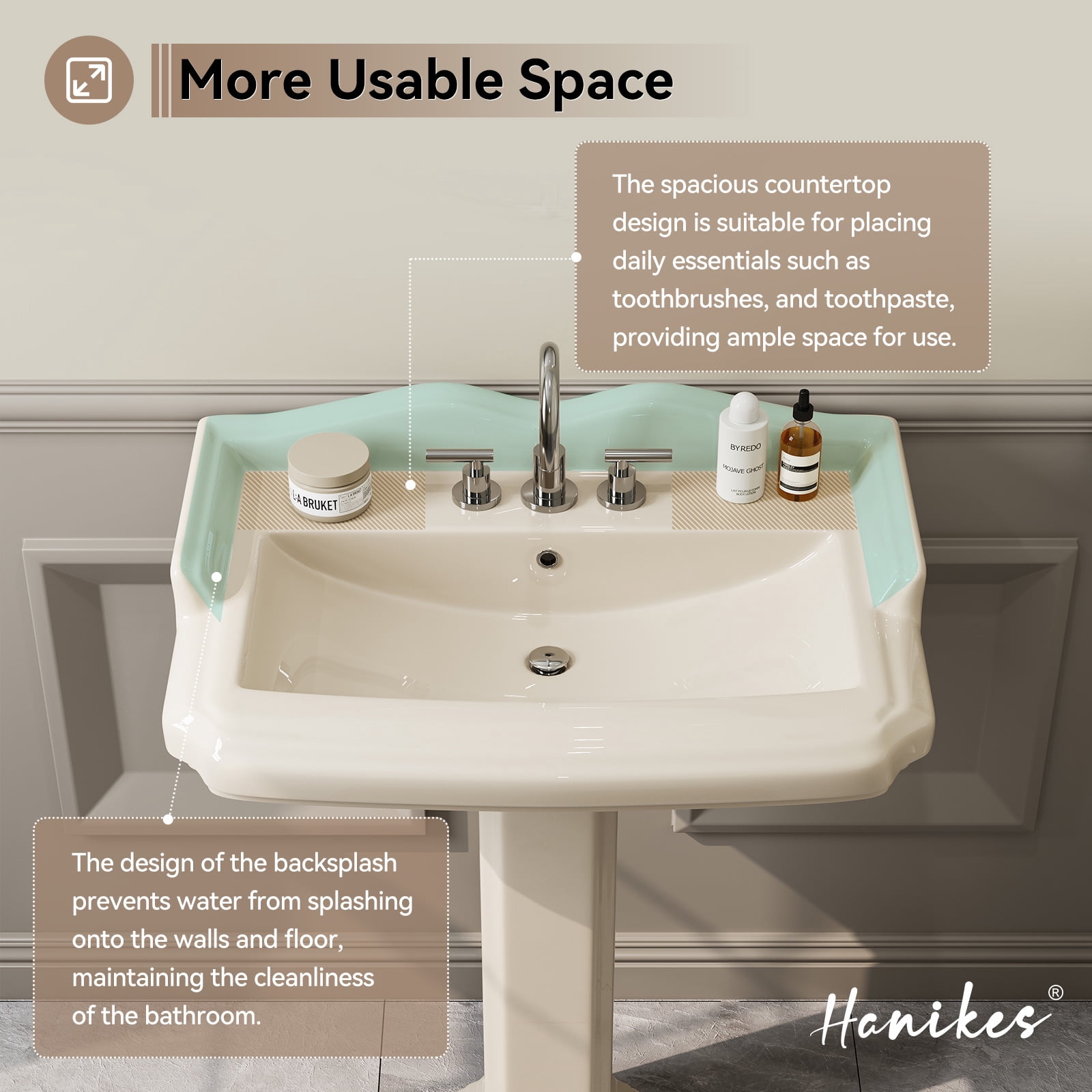 HOROW 23x19 Inch Bone Colored Pedestal Sink Combo with Overflow and Single Faucet Hole, Ceramic Bathroom Vanity Sink
