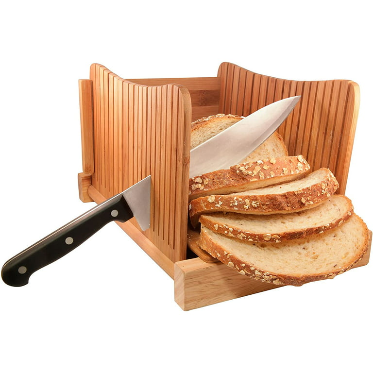 Coolmaded Bamboo Wood Foldable Bread Slicer Compact Bread Slicing Guide  with Crumb Catcher Tray for Homemade Bread Thickness Adjustable 